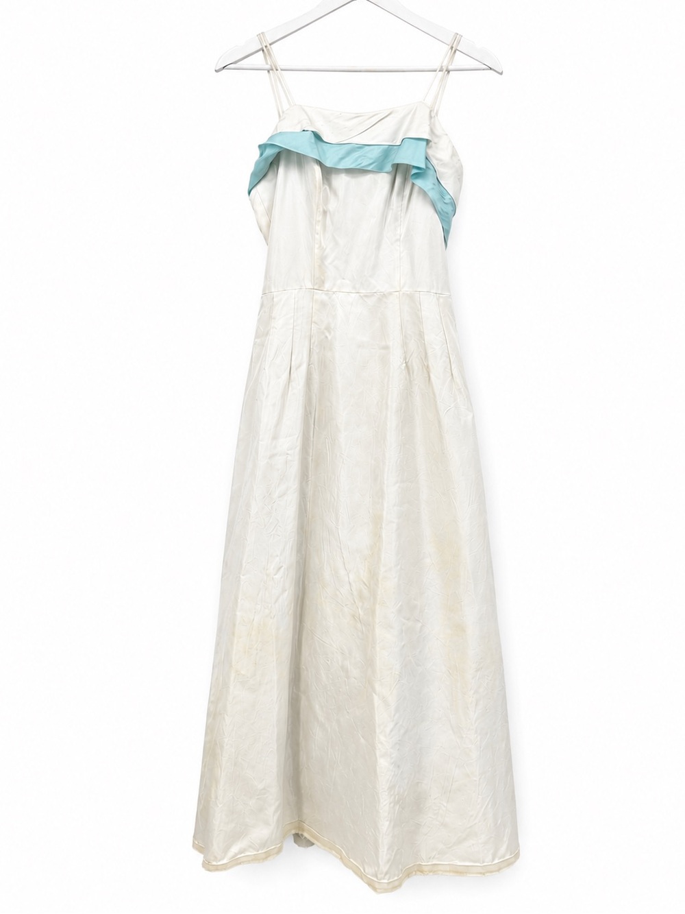 Vintage *Fair* Ivory Maxi Dress Formal Blue Trim Gown Bridal Handmade XXS-XS